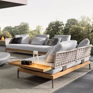 4-teiliges Patio-Sofa-Sitzgarnitur mit metallischem Tisch, Textilbezug, weißem Kissen, Metall-Tischplatte, Loveseat und UV-beständig, 4-teiliges Set (1 Doppel- & 1 Dreifach- & 1 Fußstütze & 1 Couchtisch)