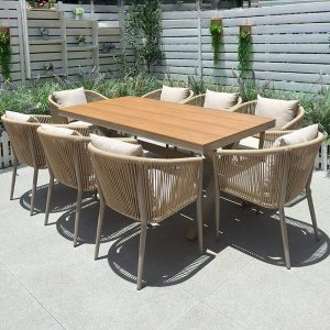 Polstergarnitur in natürlicher Farbe für den Außenbereich, 9-teiliges Set, Schwarz, 70,9"L x 35,4"B x 29,5"H, Tisch & 8 Stühle