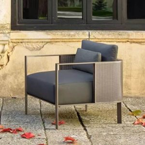 Trendy wasserbeständige Metall Loveseat für 2 Personen mit hellgrünem Rahmen, Kissen und Polster, Doppelsitz mit rechter Armlehne