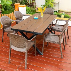 9-teiliges Set Outdoor-Esstisch mit Polymer-Verbundsitz, wetterfest, Tischplatte in Tan, Stuhl, einfacher Stil, Tisch, 86,6"L x 35,5"B x 29,1"H, Tisch & 8 Stühle