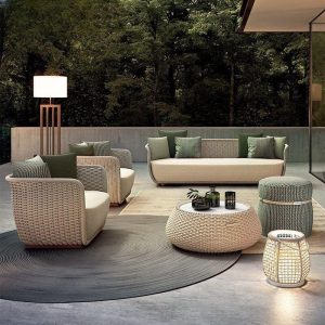 Beige gewebte Palmen wasserfester Stoff Doppelsitz-Sofa mit Taubengrau abnehmbarem Kissen und tiefem Sitz, Beige, 2-Sitzer Sofa