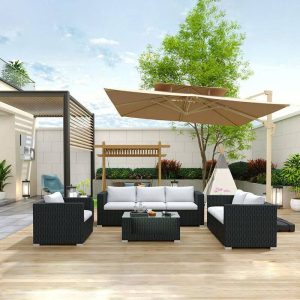 Moderne WeCourtyard Sofakombination aus geflochtenen Ranken in Schwarz mit Glastisch - 4-teiliges Set (2 Sessel & 1 Dreisitzer Sofa & 1 Couchtisch)