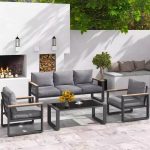 Graue Patio-Sofa-Sitzgruppe mit 100% Baumwollbezogenem Rücken Sofa und Tinten-Glastisch, 4-teilig, 4-teiliges Set (2 Stühle & 1 3-Personen-Sofa & 1 Couchtisch)