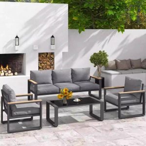 Graue Patio-Sofa-Sitzgruppe mit 100% Baumwollbezogenem Rücken Sofa und Tinten-Glastisch, 4-teilig, 4-teiliges Set (2 Stühle & 1 3-Personen-Sofa & 1 Couchtisch)