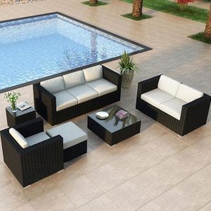 Moderne Rankenweberei WeCourtyard Sofa Kombination wasserdicht in Schwarz - 5-teiliges Set (2 Stühle & 2 Loveseats & Couchtisch)