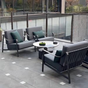 5-teilige Patio-Sofagruppe mit 3 Midnight Black Tischen, grauer 100% Baumwollbezug und Metall-Tischplatte, 5-teiliges Set