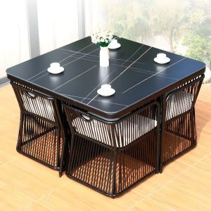 Outdoor-Esstischset mit flammhemmendem Stahlrahmen, 5-teilig in Mitternachtsschwarz mit Stuhl, einfacher Stil, 47,2"L x 47,2"B x 29,5"H, Tisch & 4 Stühle, Rock Beam