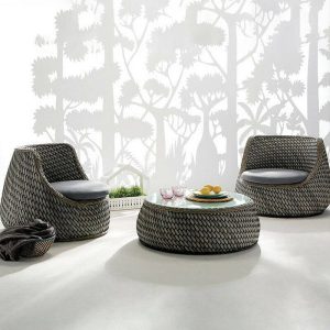 Vine Geflochtenes Graues Outdoor-Sofa-Set mit abnehmbarer Sitzkissen - 3-teiliges Set (2 Stühle & 1 Couchtisch)