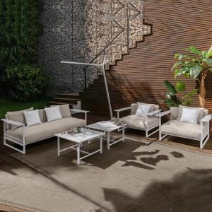 Weißes Rahmen Sofa mit Schaumstofffüllung, für 3 Personen, Kissen, UV-beständiger trendiger Stil mit Polster, 3-Sitzer Sofa
