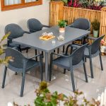Sturmgraues Outdoor-Essset mit Polymer-Sitz, 7-teiliges Set, wetterfeste Stühle, einfacher Stil und Tisch, 47"L x 31"B x 28"H, Tisch & 6 Stühle