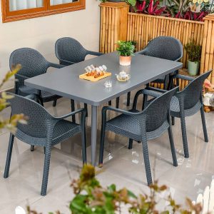 Sturmgraues Outdoor-Essset mit Polymer-Sitz, 7-teiliges Set, wetterfeste Stühle, einfacher Stil und Tisch, 47"L x 31"B x 28"H, Tisch & 6 Stühle