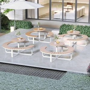 Natürliche Farbe Patio-Esstisch mit Metallrahmen, runder Tischplatte und einfachem Stil, 70,9"L x 70,9"B x 29,5"H, Schwarz/Natur