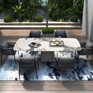 Moderner rechteckiger Outdoor-Patio-Tisch mit Steinplatte und Stahlrahmen Esstisch - Nur Tisch 94,5"L x 39,4"B x 29,5"H