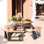 Outdoor-Picknicktisch mit Sonnenschirmloch, Metallrahmen in Hellbraun, einfacher Stil, Tisch