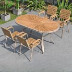 Unfertige Farbe Rechteckiges Art Deco Herstelltes Holz Patio Esszimmer-Set mit UV-beständigem 7-teiligem Stuhl-Set, 64"L x 31,5"B x 29,5"H, Tisch & 6 Stühle