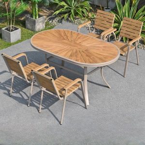 Unfertige Farbe Rechteckiges Art Deco Herstelltes Holz Patio Esszimmer-Set mit UV-beständigem 7-teiligem Stuhl-Set, 64"L x 31,5"B x 29,5"H, Tisch & 6 Stühle