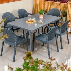 Storm Gray Outdoor-Essset mit flammhemmenden Polymerverbund-Sitzmöbeln, 5-teiliges Set mit Stuhl, einfachem Stil und Tisch, 51"L x 31"B x 28"H, Tisch & 4 Stühle