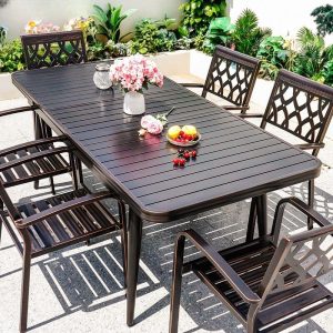 Ausziehbarer Aluminium-Patio-Esstisch, kratzfeste schwarze rechteckige Platte, minimalistischer Stil, nur Tisch