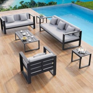 Patio-Sofa-Sitzgruppe für 6 Personen, 4-teiliges Set, schwarzer Rahmen mit grauen Kissen, 100% Baumwollbezug, Sofa inbegriffen, grauer Bezug, 4-teiliges Set (2 Stühle & 1 3-Personen-Sofa & 1 Couchtisch)