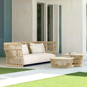 Holzfarbener Loveseat mit Schaumstofffüllung, Kissen für 2, UV-beständiger trendiger Stil, inklusive Polster, 2-Sitzer Sofa