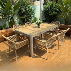Natürliche Farbe Outdoor-Esstischgarnitur mit Legierungsrahmen, flammhemmend, 7-teiliges Set, Stuhl, einfacher Stil, Tisch, 64"L x 35"B x 28"H, Tisch & 6 Stühle