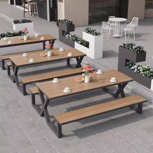 Outdoor-Picknicktisch Natürliche Farbe Eisen Wasserdicht Rechteckig Schlicht, Schwarz, 47"L x 63"B x 30"H