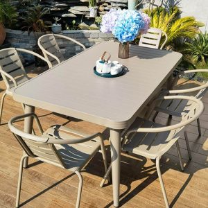 Elfenbein Outdoor-Esstischset mit Polymer-Verbundsitz, flammhemmend, 7-teiliges Set, Stuhl, einfacher Stil, Tisch, 71"L x 35"B x 28"H, Tisch & 6 Stühle