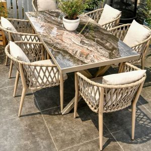 Mehrfarbiger gepolsterter 9-teiliges Outdoor-Esstischset, 86,6"L x 35,4"B x 29,5"H, Tisch & 8 Stühle
