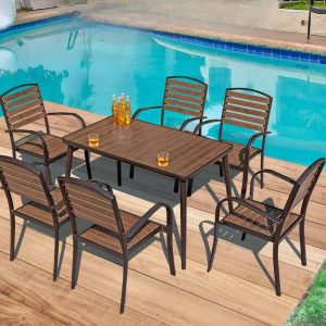 Ovales Patio Esszimmer-Set, Kakaofarbener Kunstholztisch, UV-beständig, 7-teiliges Set mit Stuhl, 63"L x 35"B x 29"H, Tisch & 6 Stühle