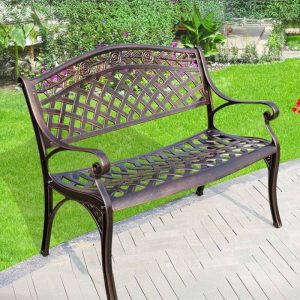 Einfache Antikmessing Metall Gartenbank mit gebogenen Armlehnen und Rücken, 59"L x 24"B x 34"H