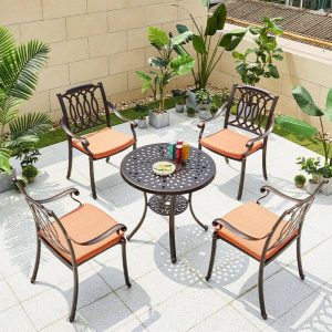 Gunmetal Patio-Esstisch mit rundem metallenem einfachem Design, Weiß/Schwarz, Nur Tisch, 24"L x 24"B x 26"H