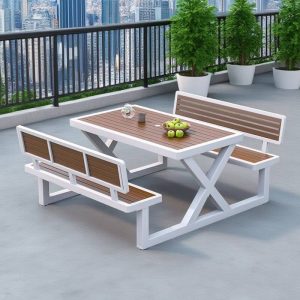 Outdoor Picknicktisch mit Eisen Kakao Rechteckig Einfaches Design, Weiß, 47"L x 66"B x 31"H