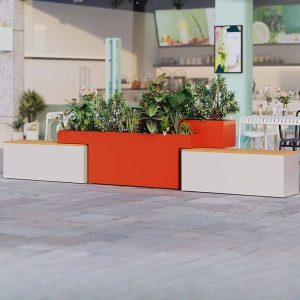 Zeitgenössische Gartenbank mit Sitzfläche in Naturfarbe und Stauraum, Orange