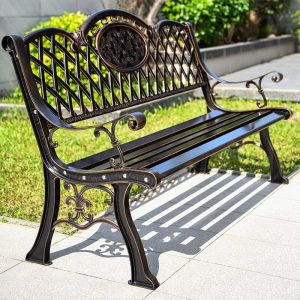 Bronze Art Deco feuerhemmende Legierung Patiobank mit geschwungenen Armlehnen und Rücken, 59"L x 22"B x 28"H