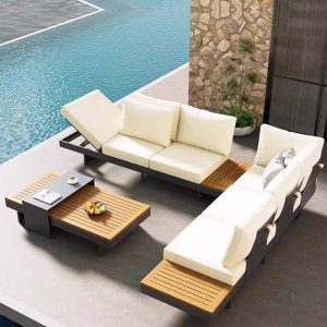 Industrieller Stil WeCourtyard Sofa Kombination Metallgestell für draußen - 3 Teile (3-Sitzer Sofa & 3-Sitzer Mittelposition Sofa & Couchtisch)