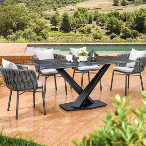 Rostbeständiges Garten-Esszimmerset, Holztischplatte, Mitternachtsschwarz, Rechteckige Form, Stuhl, 5-teilig, Moderner einfacher Stil, 59,1"L x 35,4"B x 29,5"H, Tisch & 4 Stühle
