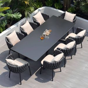 Polsterter 9-teiliger Satz Outdoor-Esstischgarnitur, wetterfest, Mitternachtsschwarze Tischplatte, Stuhl, einfacher Stil, Tisch, 78,7"L x 35,4"B x 29,5"H, Schwarz, Tisch & 8 Stühle