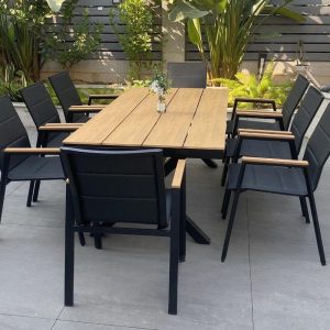 Stoff-Gartentischset in natürlicher Farbe - 7-teiliges Set, wetterfest mit Stuhl, einfachem Stil und Tisch, Champagner, 51,2"L x 35,4"B x 29,5"H, Tisch & 6 Stühle