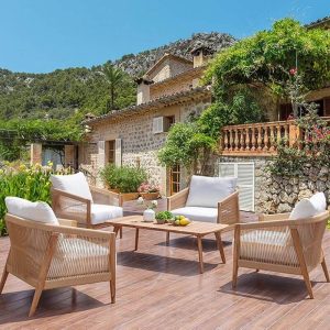 Cocoa Holzrahmen Outdoor Sofa Sitzgruppe mit Kreidestoff Sofa für 5 Sitzplätze, 4-teilig, 4-teiliges Set(2 Stühle & 1 3-Personen Sofa & 1 Couchtisch)