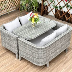 Transparentes 2-teiliges Set Outdoor-Sofagruppe mit Canvas-Bezug, Glastischplatte, grauem Kissen, inklusive Sofa und UV-beständig, 2-teiliges Set (Dreisitzer & Glas-Couchtisch)