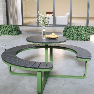 Einfacher Gartentisch mit Eisenrahmen, runder schwarzer Tischplatte, Schwarz, 59,1"L x 59,1"B x 29,5"H