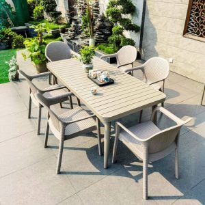Hellgraues Terrassen-Essset, Metalltisch, UV-beständig, 7-teiliges Set, Rechteckig mit Stuhl, 59"L x 35"B x 28"H, Tisch & 6 Stühle