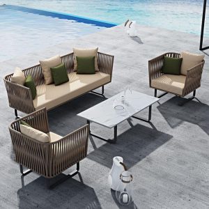 4-teiliges Weißes Patio-Sofa-Set mit Sinterstein-Tisch, 100% Baumwollbezug, Loveseat, UV-beständig, Stühle, 4-teiliges Set (2 Stühle & 1 Loveseat & 1 Couchtisch)