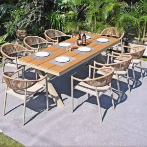 9-teiliges Set Unfertige Farbe Patio Esszimmer-Set mit hergestelltem Holz Tisch, rechteckige Form, Stuhl-Set, UV-beständig, inklusive Tisch, 87"L x 35"B x 30"H, Tisch & 8 Stühle