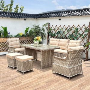 Braunes 6-teiliges Set symmetrisches Outdoor-Sofa Sitzgruppe Canvas Sofa mit Stuhl, Vitreous Top Tisch, Khaki, 6-teilig (2 Stühle & 3-Sitzer Sofa & 2 Ottomane & Couchtisch)