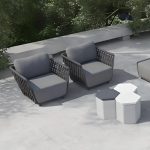 Zeitgenössisches UV-beständiges schwarzes Sofa für 1 Person mit Metallrahmen, Kissen, 1 Stück, rechteckige Ecksofa