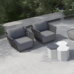 Zeitgenössisches UV-beständiges schwarzes Sofa für 1 Person mit Metallrahmen, Kissen, 1 Stück, rechteckige Ecksofa