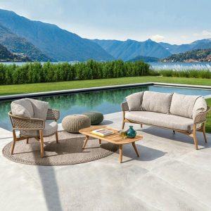 Hellholz Sofa mit Naturholz, abnehmbarer Kissenbezug, UV-beständig für 1 Person, trendiger Stil, 1 Stück, Khaki, 1-Sitzer Sofa
