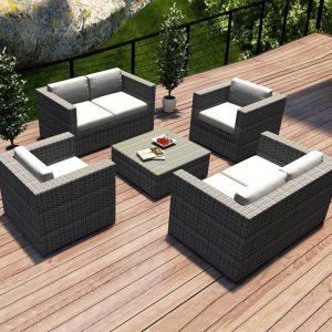 100% Baumwolle Weiß gepolsterter Rücken Outdoor Sitzgruppe 5-teiliges Set mit 1 Tisch & Stuhl, Transparenter Tisch, 5-teiliges Set (2 Stühle & 2 Loveseats & Couchtisch)