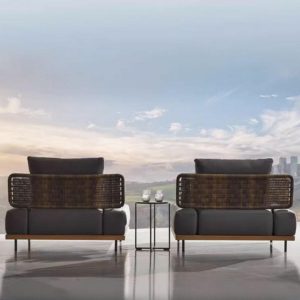 3-teiliges Midnight Black Alloy Outdoor-Sofa-Garnitur mit grauer Polyester-Bezug, UV-beständig, 3-teiliges Set (2 Einzel-Midposition-Stühle & 1 runder Couchtisch)